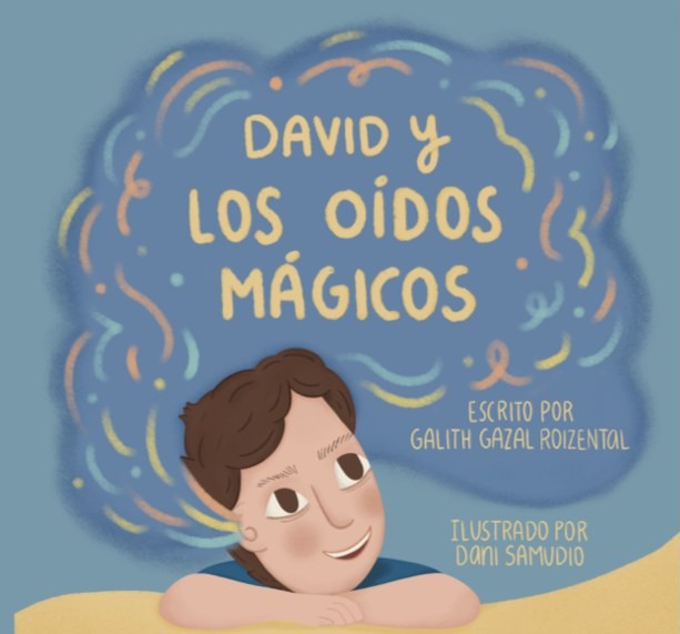 Portada de David y los oídos mágicos: un niño apoyado sobre sus brazos, con una nube de colores sobre su cabeza